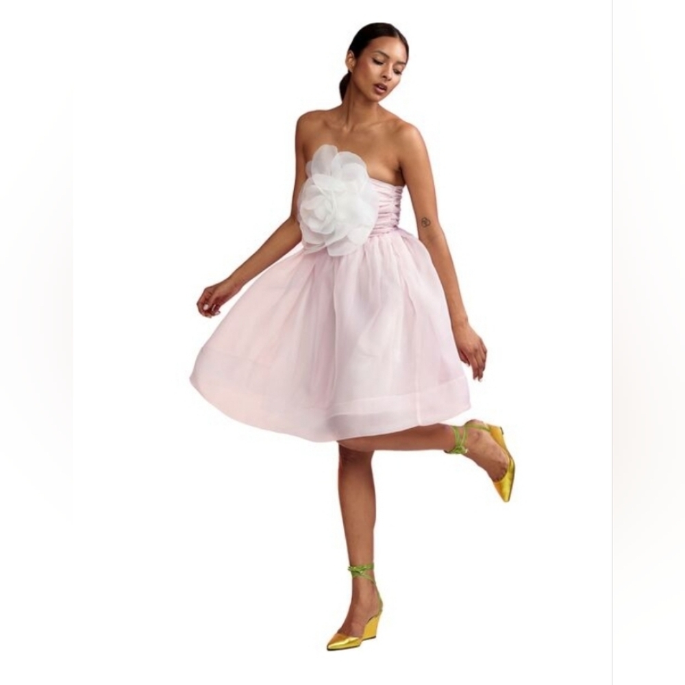 Anthropologie Strapless Pink Tulle Dress with White Floral Applique